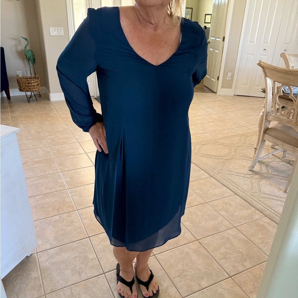 I.N.C | International Concepts Blue Shift Dress XL Long Sleeve V Neck Bow Back - Picture 2 of 9